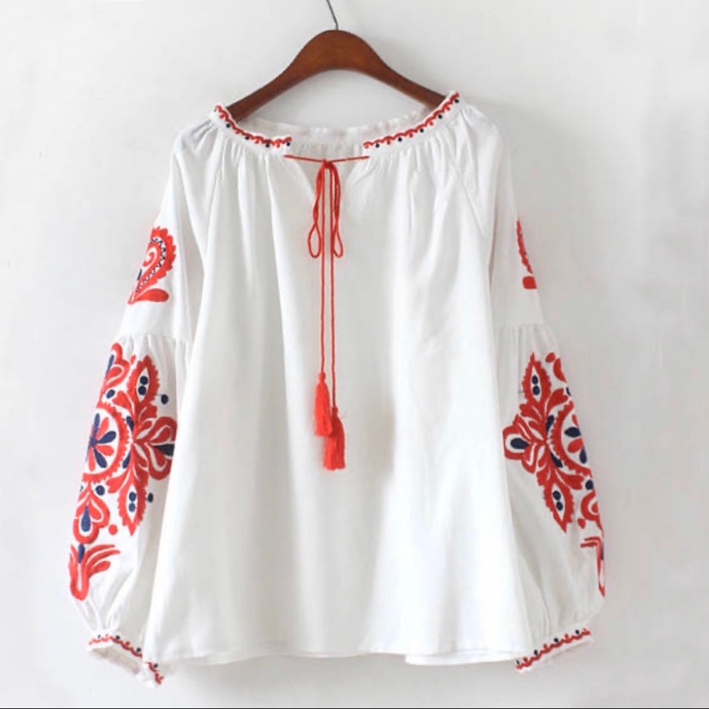 White / Red Embroidered Bohemian Smock Top with Tassel